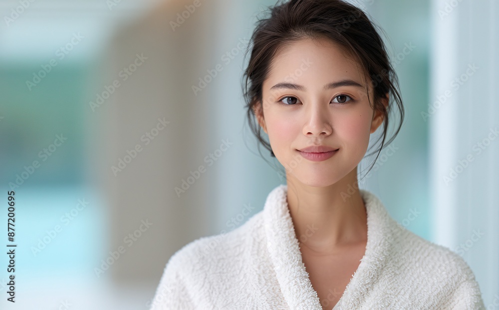 Young Woman Relaxing in a Spa Facility Wearing a Cozy White Bathrobe Young Woman Relaxing in a Spa Facility Wearing a Cozy White Bathrobe