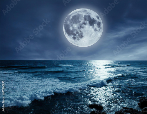 Beautiful seascape in a sandy beach with sea waves at night with full moon and reflections on the water. Collage.