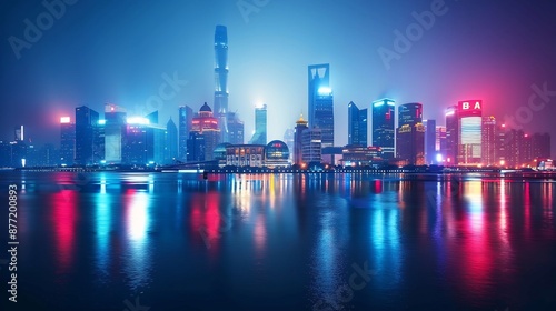 Night View of Shanghai Skyline with Reflections on Water