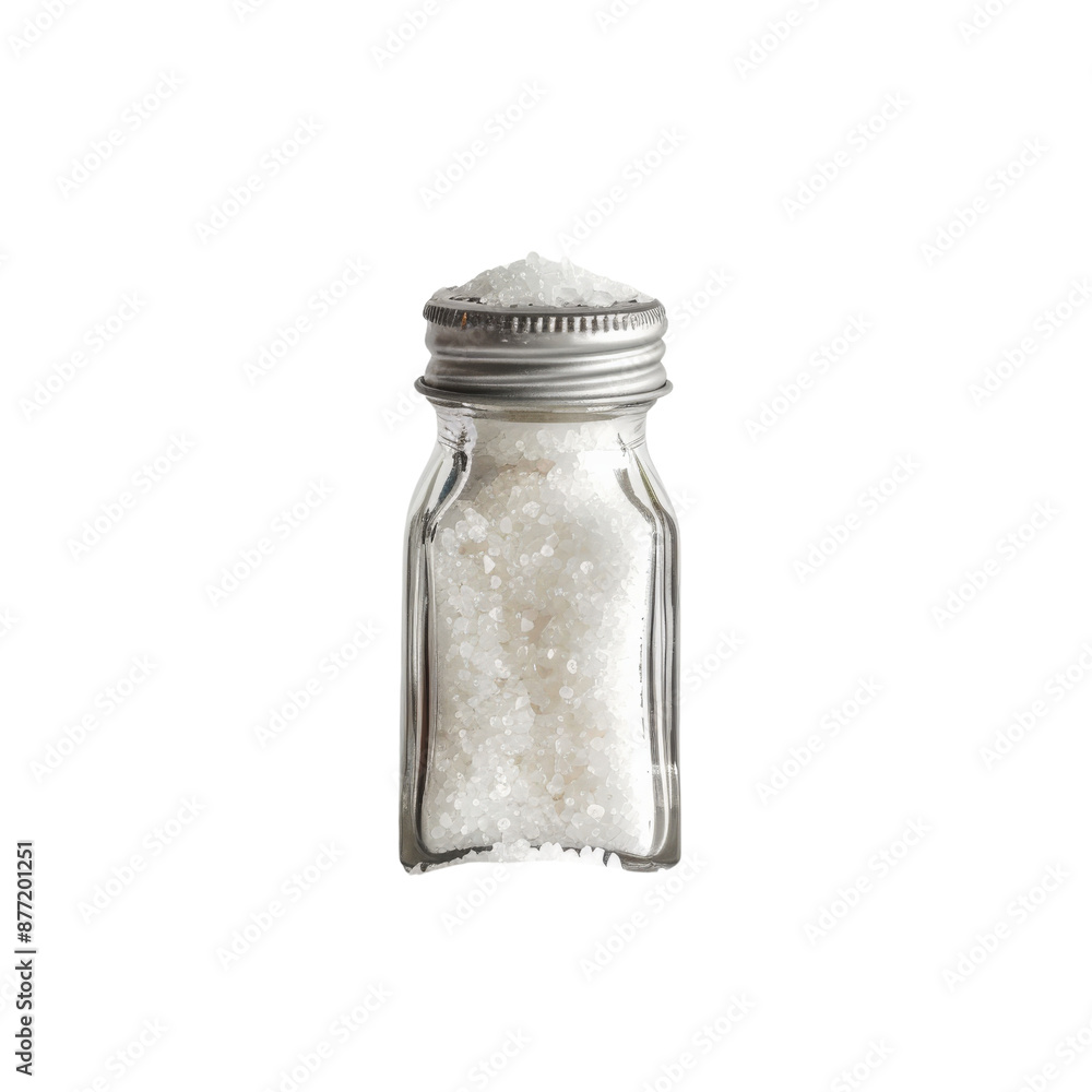 Clear glass salt shaker filled with white salt, isolated on a white background. Perfect for culinary, kitchen, and dining themed projects. Clear glass salt shaker filled with white salt, isolated on a white background. Perfect for culinary, kitchen, and dining themed projects.