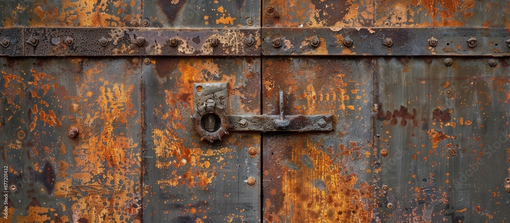 A weathered closed metal door with rust creating an aged and rustic appearance suitable for images with copy space A weathered closed metal door with rust creating an aged and rustic appearance suitable for images with copy space