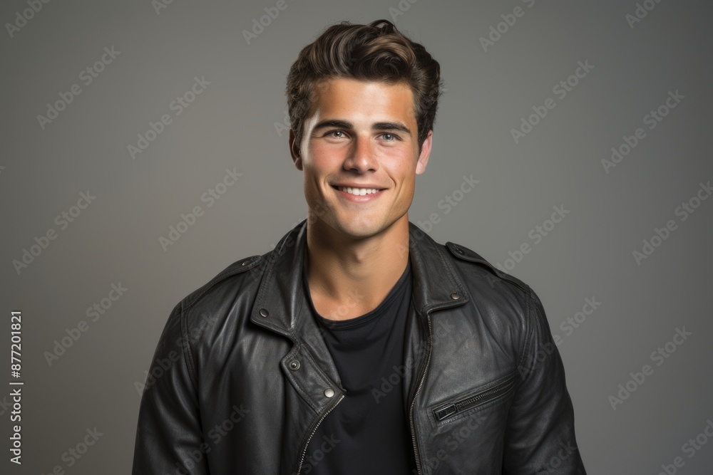 Portrait of a handsome young man in a leather jacket smiling at the camera. Portrait of a handsome young man in a leather jacket smiling at the camera.