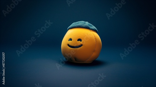 Wallpaper Mural A single yellow emoji plush toy with a sleepy face and a tiny blue cap, centered on a dark blue background. Torontodigital.ca