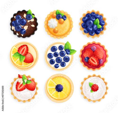 Set of different tarts, open pastry pies and cake with fresh berries.
Healthy dessert, breakfast. Isolated on white background, top view. Semirealistic vector dessert icons set