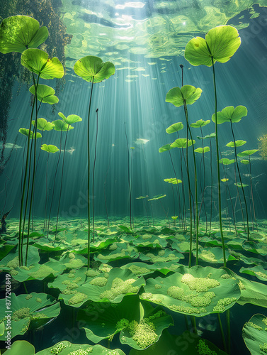 underwater perspective of lotus leaves floating, with sunlight piercing through clear skies and white clouds, illuminating vibrant greenery beneath, crafting a lively aquatic tableau.