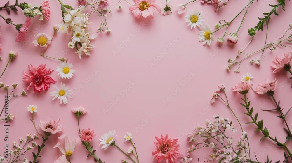 Various small flowers arranged in a circle on a pink backdrop with space for text Flowery frame with room for wording Feminine layout for special occasions like weddings and Mother s Day Various small flowers arranged in a circle on a pink backdrop with space for text Flowery frame with room for wording Feminine layout for special occasions like weddings and Mother s Day