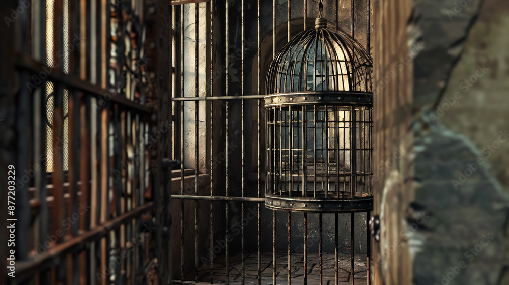 Empty Birdcage with Open Door Representing Freedom and Escape Empty Birdcage with Open Door Representing Freedom and Escape