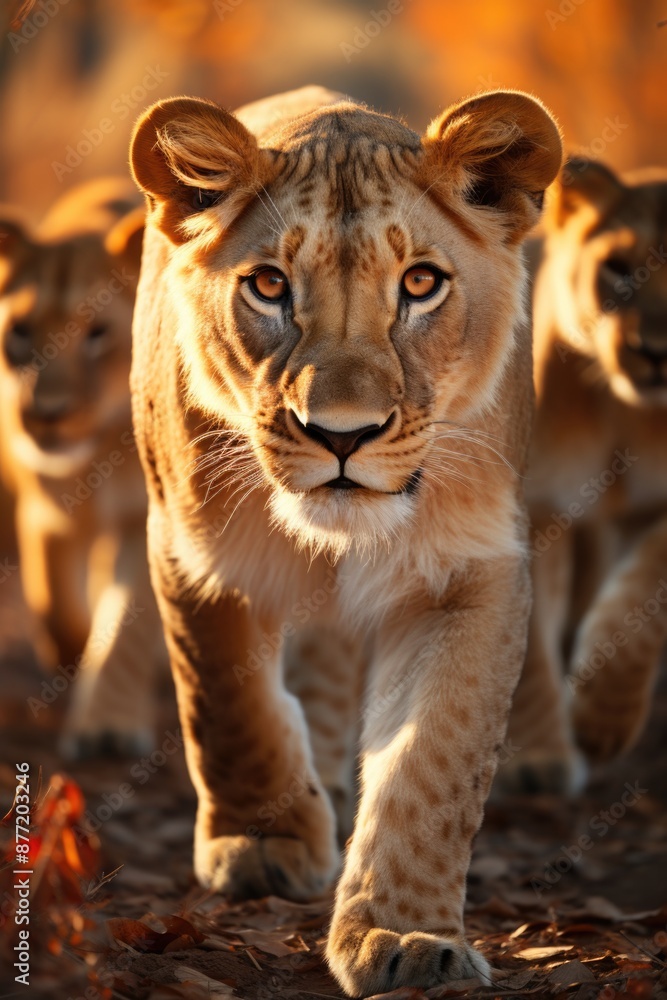 Naklejka premium Female Lion walking along with his puppies, generative IA