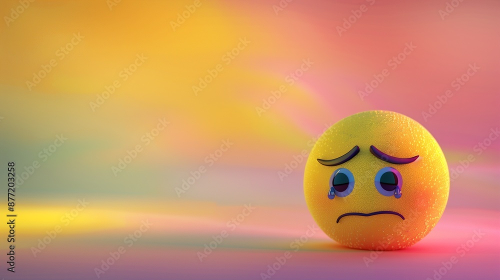 A yellow sad emoji soft toy smile ball with exaggerated teardrop eyes, sitting alone on a soft gradient pastel background, radiating melancholy A yellow sad emoji soft toy smile ball with exaggerated teardrop eyes, sitting alone on a soft gradient pastel background, radiating melancholy