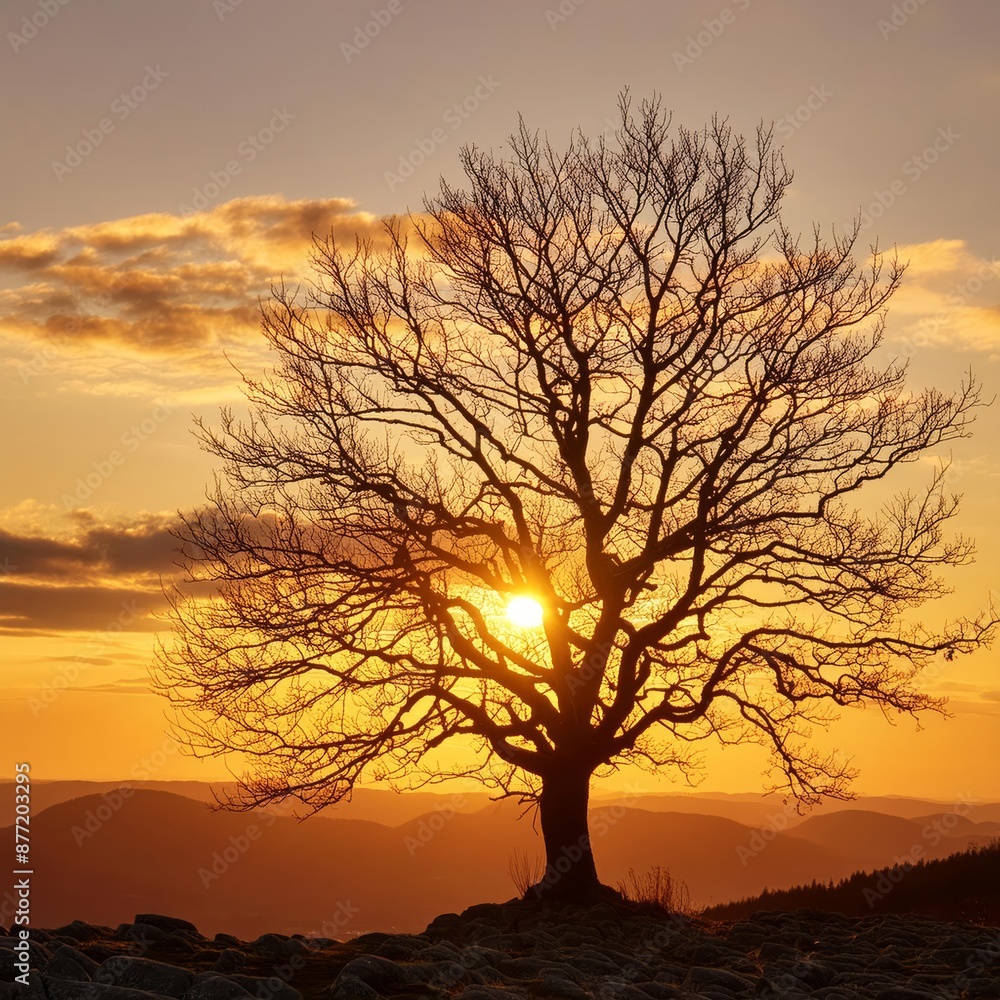 The silhouette of a leafless tree stands out against the colors of a sunset sky, creating a beautiful natural landscape in the afterglow of dusk The silhouette of a leafless tree stands out against the colors of a sunset sky, creating a beautiful natural landscape in the afterglow of dusk