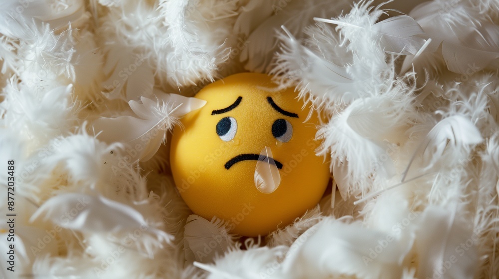 A yellow sad emoji soft toy smile ball with a single tear, nestled in a bed of soft, fluffy white feathers, evoking a sense of loneliness A yellow sad emoji soft toy smile ball with a single tear, nestled in a bed of soft, fluffy white feathers, evoking a sense of loneliness