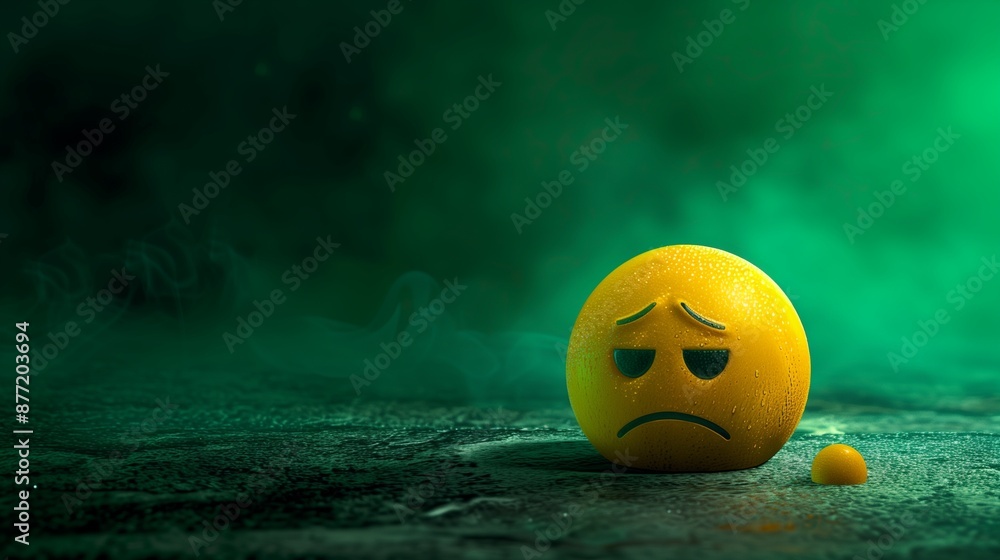 A yellow sad emoji slightly tilted on a rich emerald green background, with a faint mist surrounding the emoji, A yellow sad emoji slightly tilted on a rich emerald green background, with a faint mist surrounding the emoji,