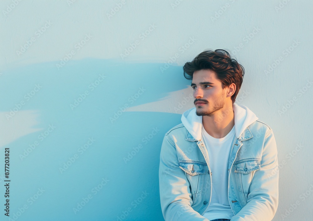 Stylish Young Man in Denim Jacket Leaning Against Light Wall in Evening Light Stylish Young Man in Denim Jacket Leaning Against Light Wall in Evening Light