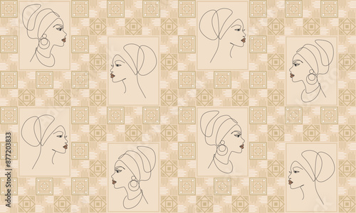 Squares with geometric ornaments and cute African women in national headdress in line art drawing. Endless texture with outline female portraits in profile and ceramic tiles. Vector seamless pattern