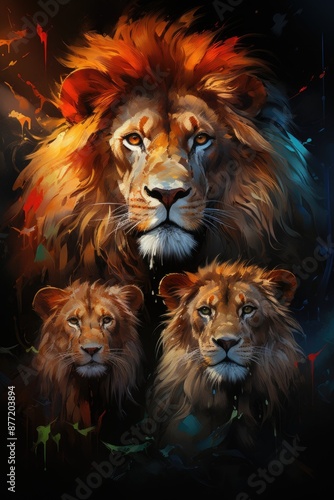 Lions Farher and Two Cubs Portrait in dark background there Generative, generative IA photo