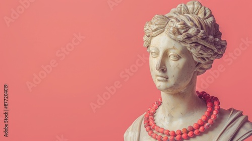 Antique statue of woman in red necklace on pink backdrop symbolizing femininity creativity modernity vintage art inspiration and imagination