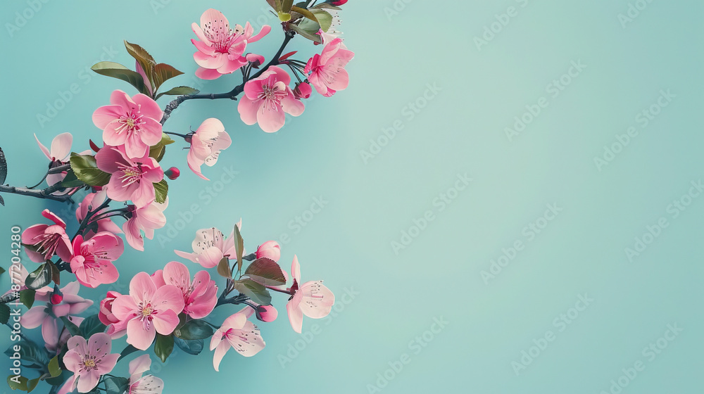 Naklejka premium beautiful pink spring flowers on soft blue background. wide copy space. empty spae for text