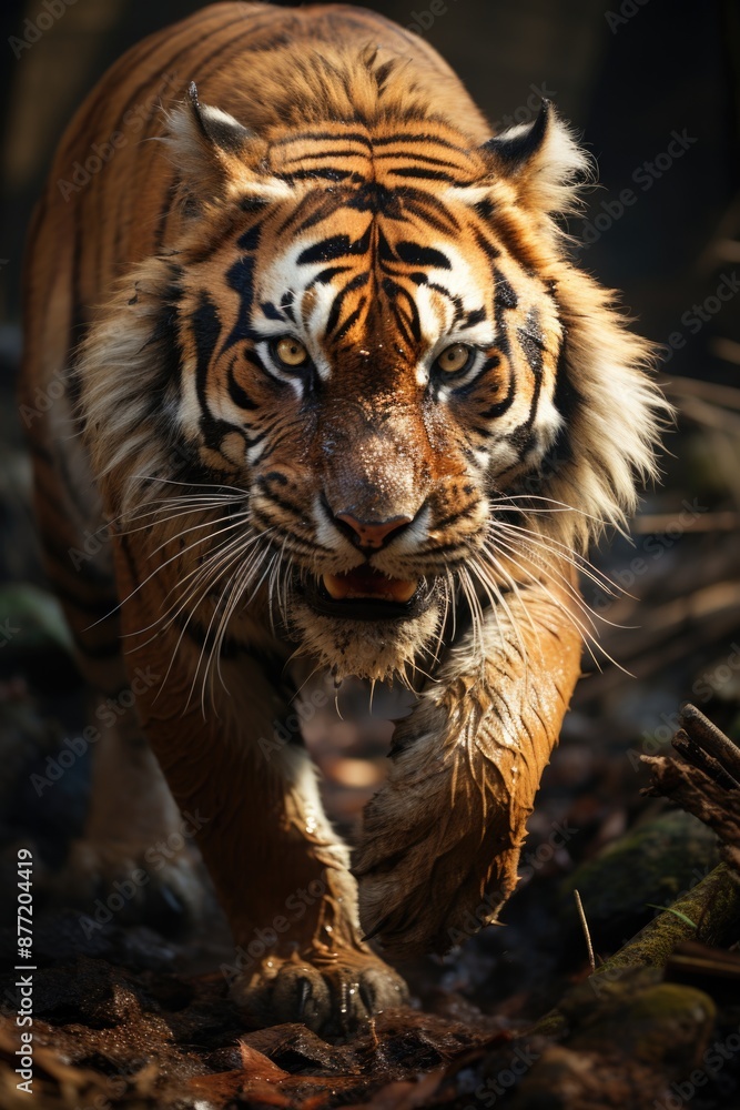 Majestic Bengal Tiger walking in the savage looking with aggression generated by, generative IA Majestic Bengal Tiger walking in the savage looking with aggression generated by, generative IA