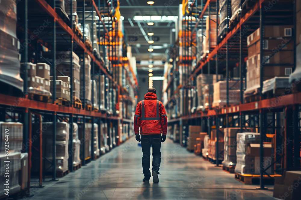 Fototapeta premium Warehouse worker, industrial engineer supervising supply, professional delivering cardboard packages.