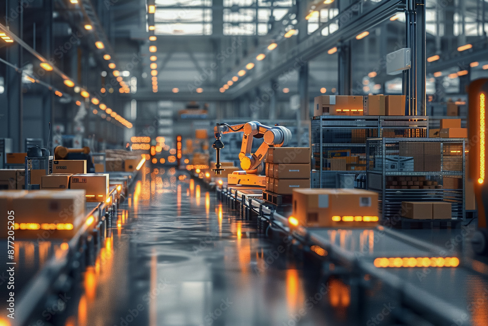 Fototapeta premium Robotic warehouse, transportation robot industry business, cardboard automated cargo stock