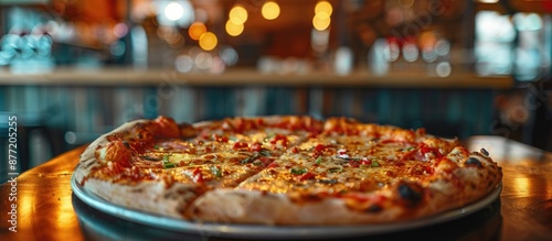 A pizza sitting on a table ...