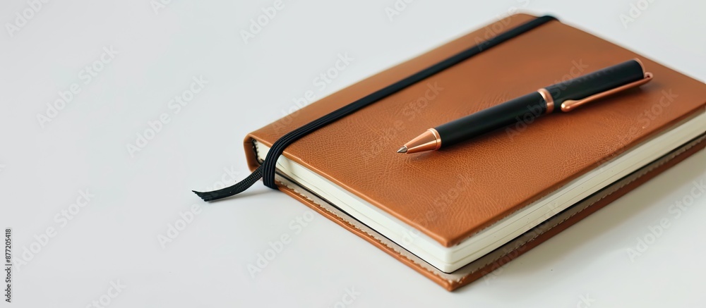 Notebook with a copper binding and an elegant pen set against a white background providing a clear copy space image Notebook with a copper binding and an elegant pen set against a white background providing a clear copy space image