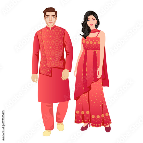  Cute indian wedding couple cartoon in traditional dress for wedding invitation 
