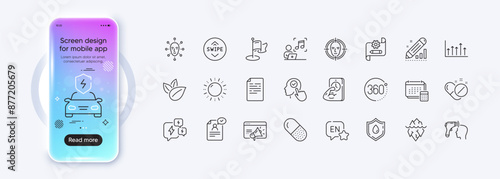 Seo marketing, Blood donation and Music line icons for web app. Phone mockup gradient screen. Pack of Organic product, Capsule pill, Growth chart pictogram icons. Vector