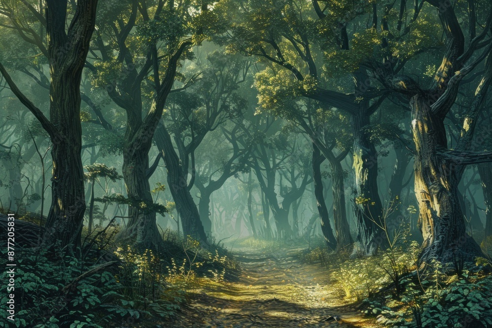 Serene path winding through a misty, sunlit forest, evoking tranquility and mystery Serene path winding through a misty, sunlit forest, evoking tranquility and mystery
