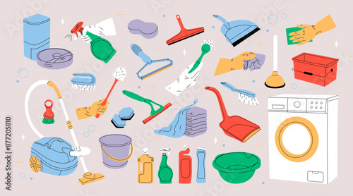 Set of Various Cleaning items. Household equipment and detergents. Spray, mop, rag, bucket and bottles. Design elements for stickers. Cartoon flat vector collection isolated on beige background