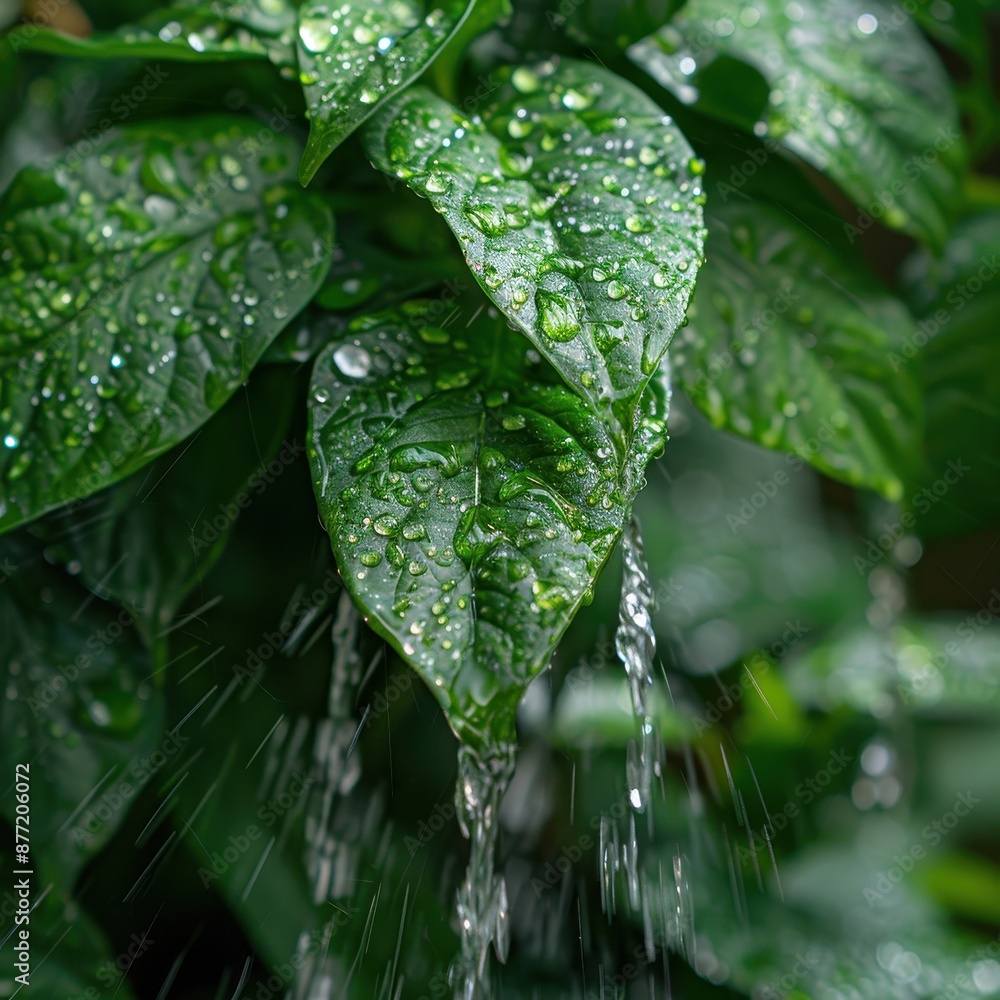 Close-up of lush green leaves with water droplets, capturing the beauty of nature and freshness of plant life during rainfall. Close-up of lush green leaves with water droplets, capturing the beauty of nature and freshness of plant life during rainfall.