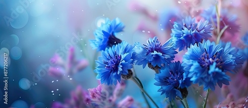 Fresh blue cornflower flowers arranged in a bouquet showcased in an abstract card with a stunning blossom as the botanical background perfect for a copy space image