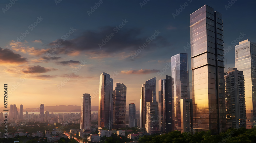 Obraz premium city skyline at sunset, ai generated