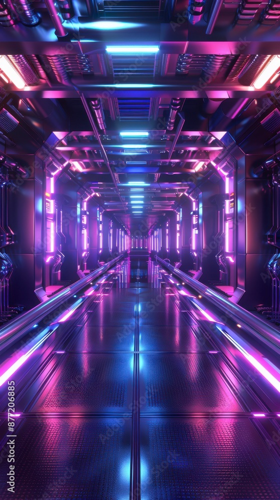 A futuristic corridor with purple and blue neon lights A futuristic corridor with purple and blue neon lights