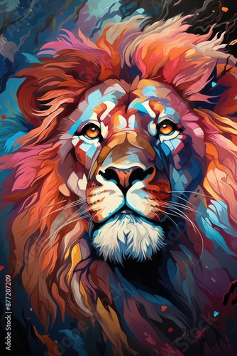 Bright Colorful Lion Cool Portrait in Popt Style, generative IA