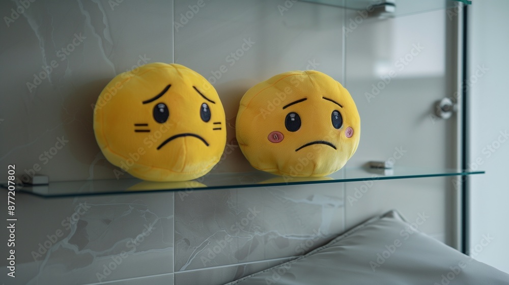 Two yellow emoji plush toys with sad faces resting on a sleek, contemporary glass shelf in a minimalist bathroom Two yellow emoji plush toys with sad faces resting on a sleek, contemporary glass shelf in a minimalist bathroom