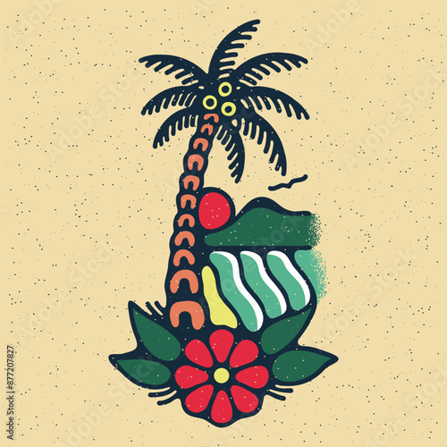 Traditional tattoo flash palm with island, sea, sun and flower. Vector illustration on grunge texture background