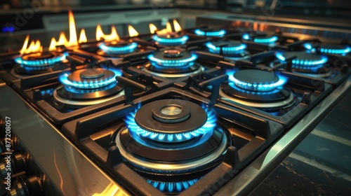 A sleek, contemporary gas stove with multiple burners ignited, producing strong blue flames, indicative of a functional and efficient modern kitchen appliance. Ideal for home and lifestyle.