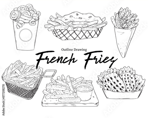 Collection of Fast Food French Fries Outline Drawing Vector Illustration