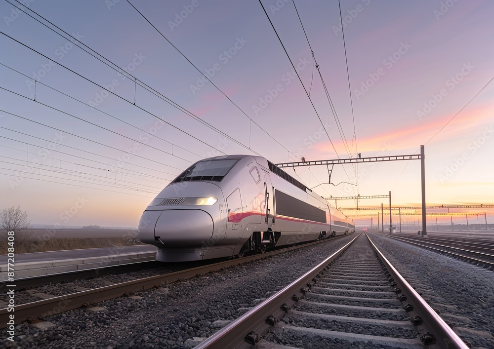 Naklejka premium Modern High-Speed Train on Tracks During Sunrise in a Rural Area