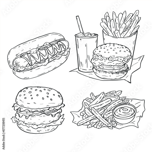 Collection of Fast Food and Drink Outline Drawing Illustration
