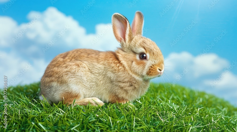 Adorable baby bunny on grass with blue sky background Adorable baby bunny on grass with blue sky background