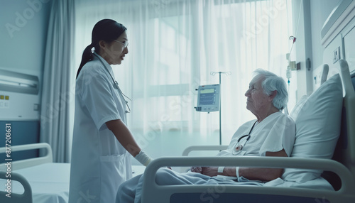 Homme malade hospitalisé dans un lit d'hôpital avec un médecin bienveillant photo