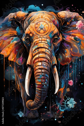 An elephant painted in colorful splashes on the black background, generative IA © JONATAS