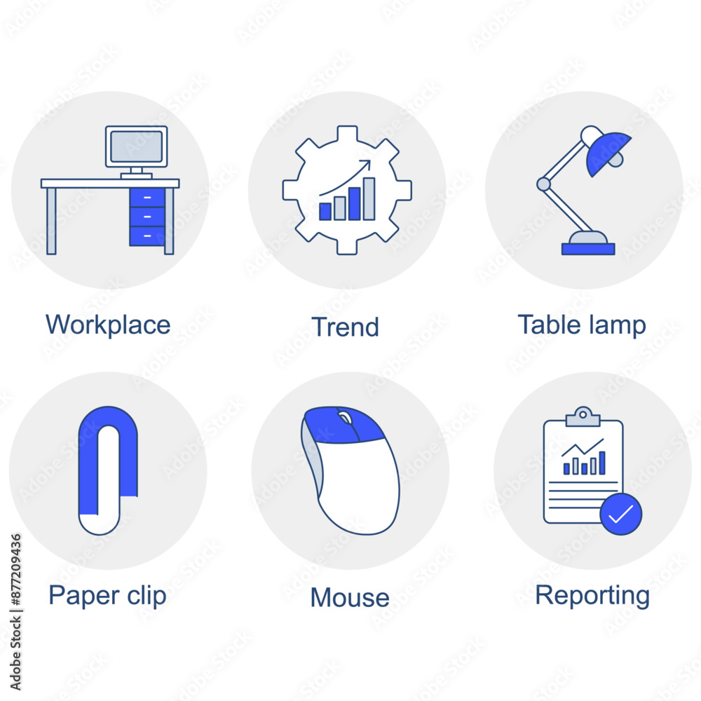 A Sheet of Office Essentials Icons Paper Clip, Mouse, Reporting, Workplace, Trend, Table Lamp icons set A Sheet of Office Essentials Icons Paper Clip, Mouse, Reporting, Workplace, Trend, Table Lamp icons set