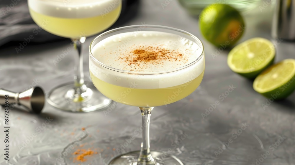 Advertising photo of homemade Pisco Sour cocktail in coupe glass on gray background Advertising photo of homemade Pisco Sour cocktail in coupe glass on gray background