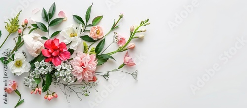 Fototapeta Naklejka Na Ścianę i Meble -  A blooming bouquet of spring flowers set against a white backdrop ideal for occasions like Mother s Day Valentine s Day and birthdays This top down view features ample copy space for text within the