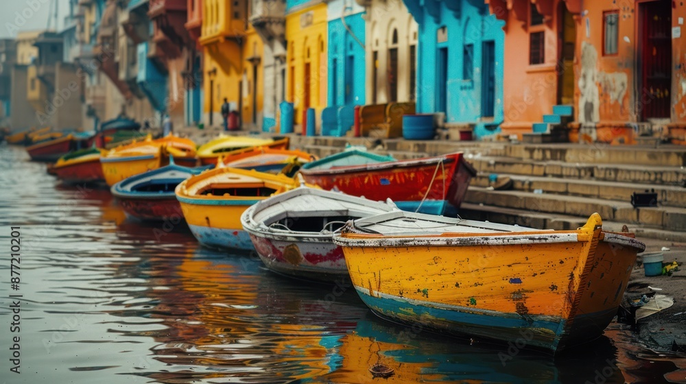 Obraz premium The colorful boats of Varanasi lined up along the Ganges River, capturing the spiritual and historical essence of one of India's oldest cities