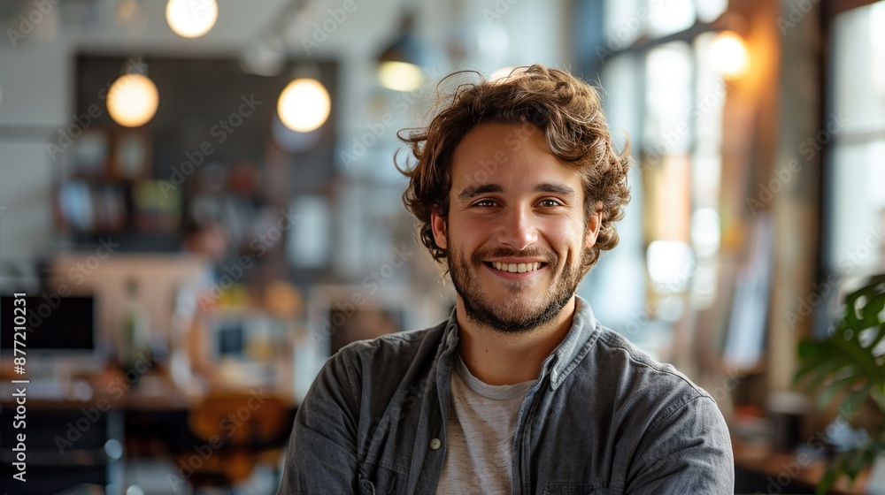 Obraz premium Smiling Man in a Modern Office Setting