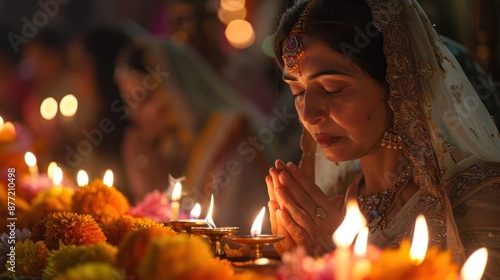 The celebration of Karva Chauth with married women fasting and praying for the well-being of their husbands, showcasing the cultural significance of the ritual, photo